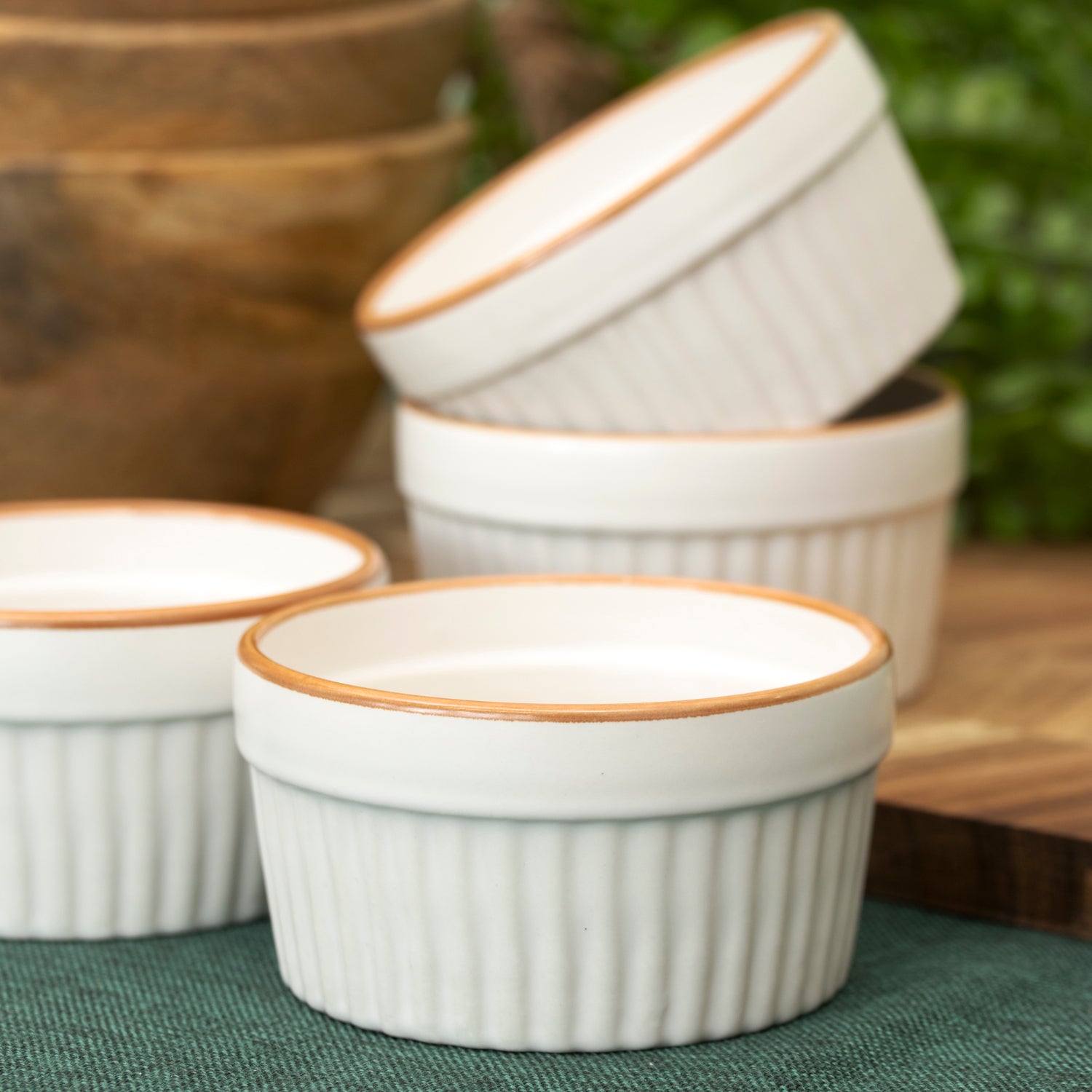 Set Of 4 Ribbed Stoneware Ramekins