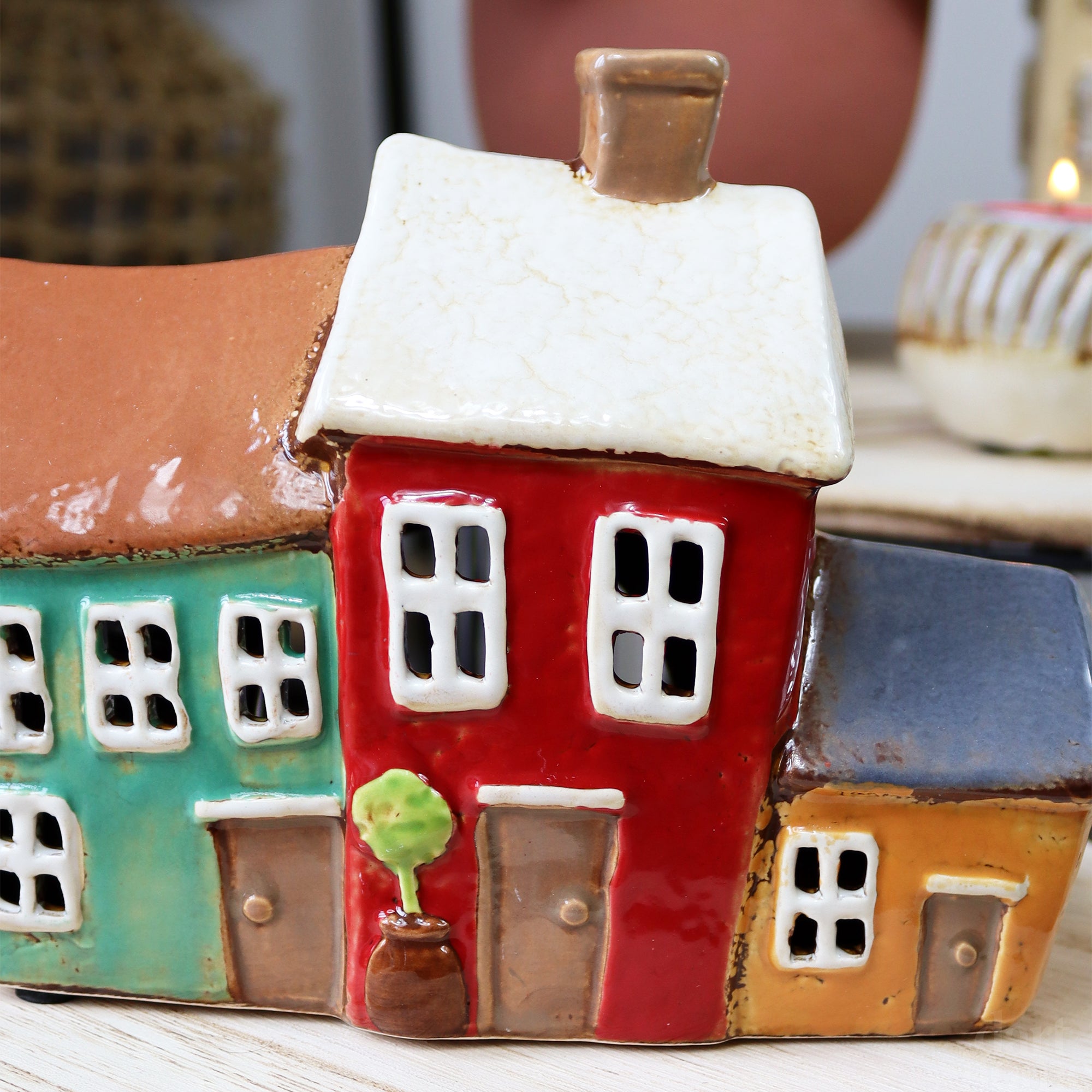 Three Colourful Terraced Houses Candle Holder