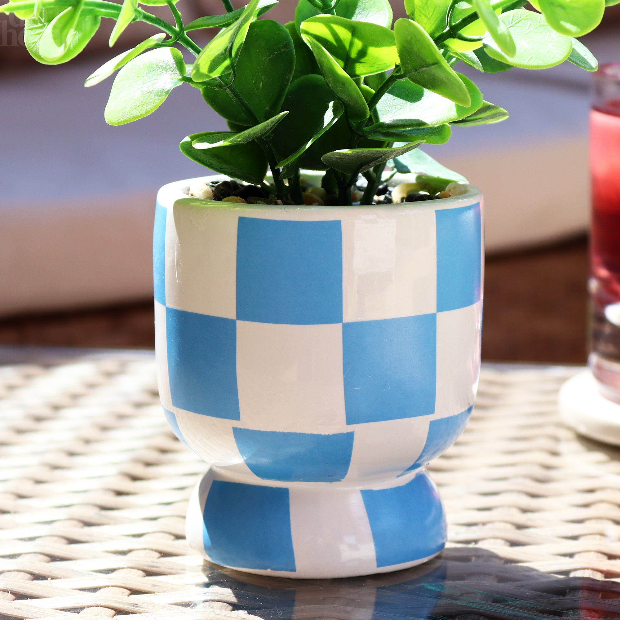 Artificial Eucalyptus Plant In Blue Checked Pot