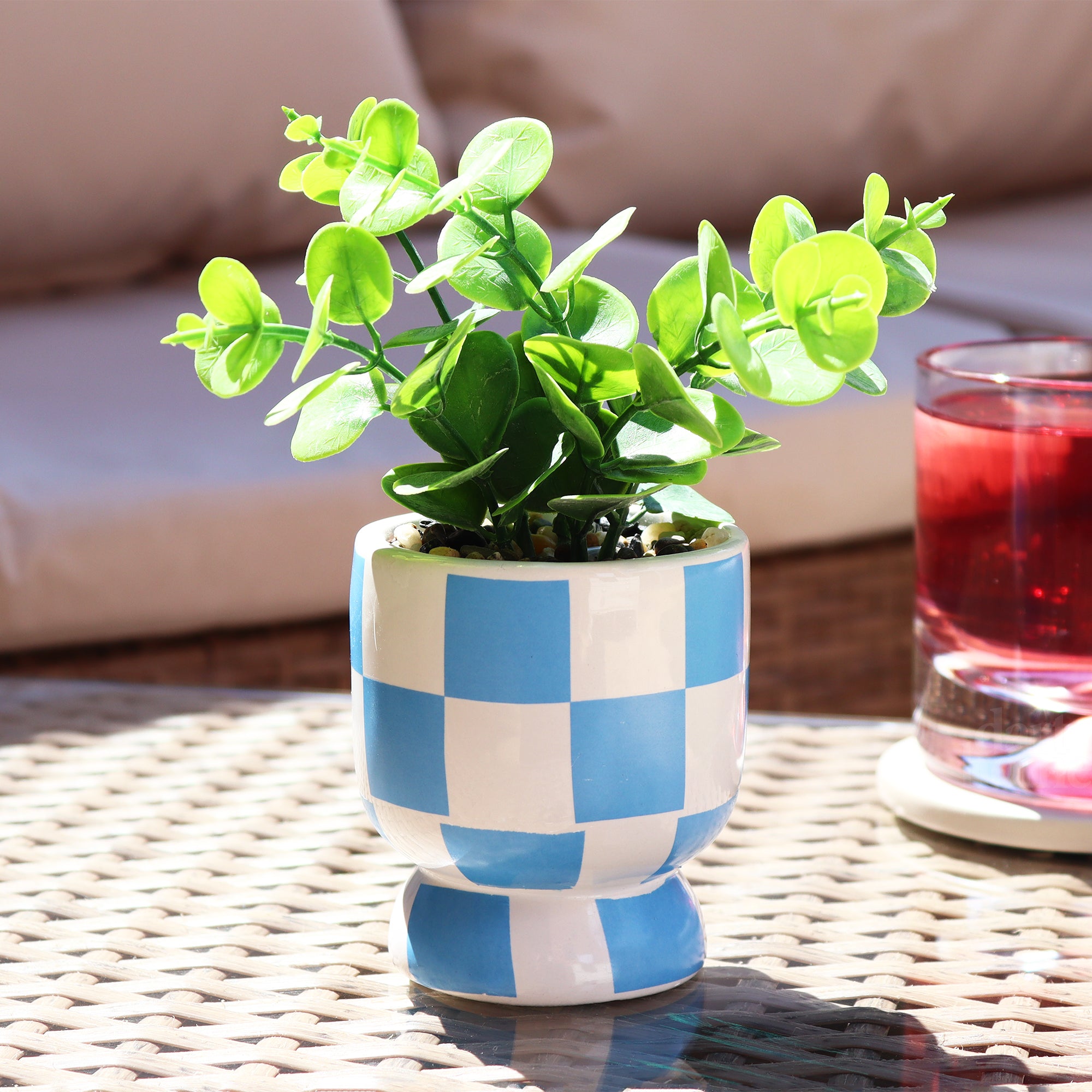 Artificial Eucalyptus Plant In Blue Checked Pot