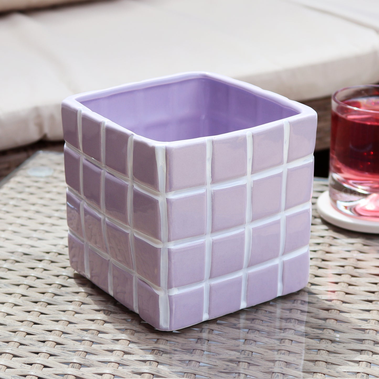 Lilac Square Checked Tile Plant Pot