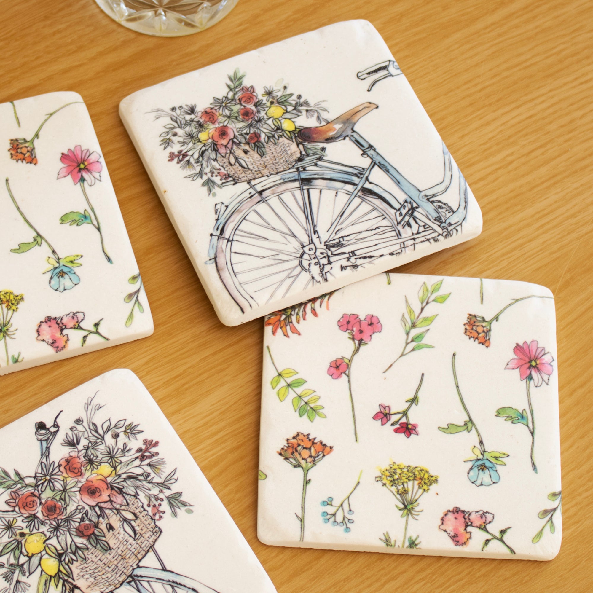 Set Of 4 Flower Bicycles Ceramic Coasters