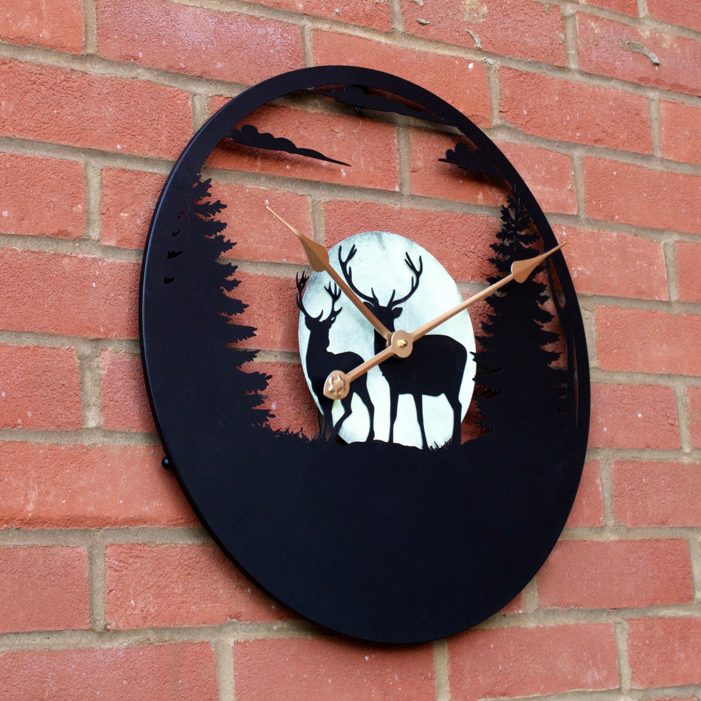 Forest Stags Silhouette Glowing Moon Garden Clock
