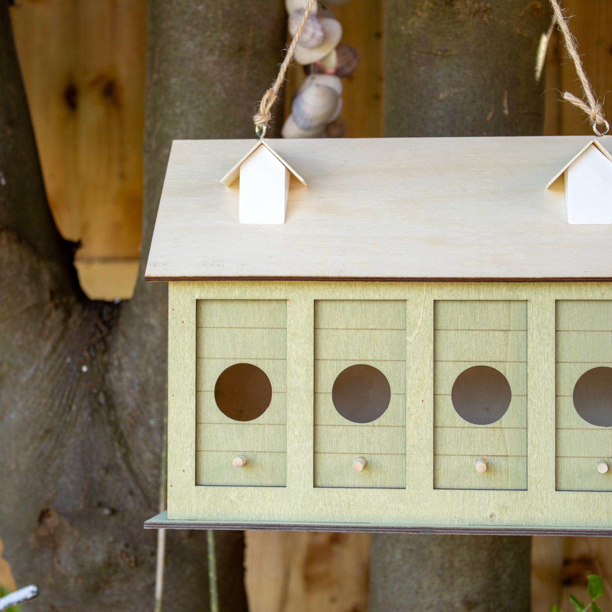Green Multi Hole Wooden Bird House