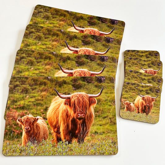 Set Of 8 Highland Cow Placemat And Coasters