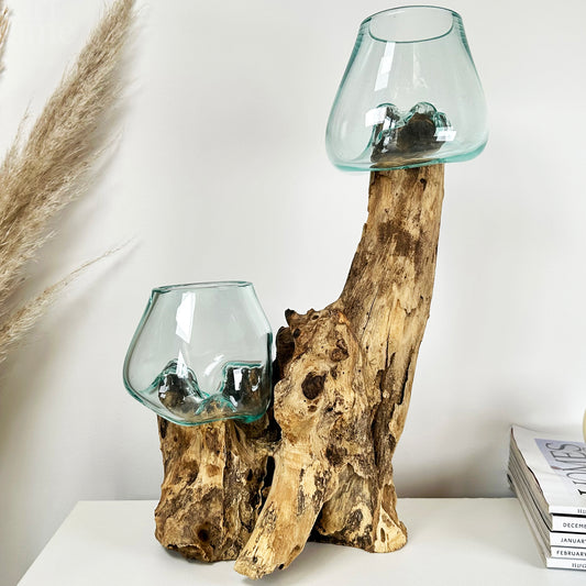 Tall Double Molten 11cm Bowls Teak Root Stand