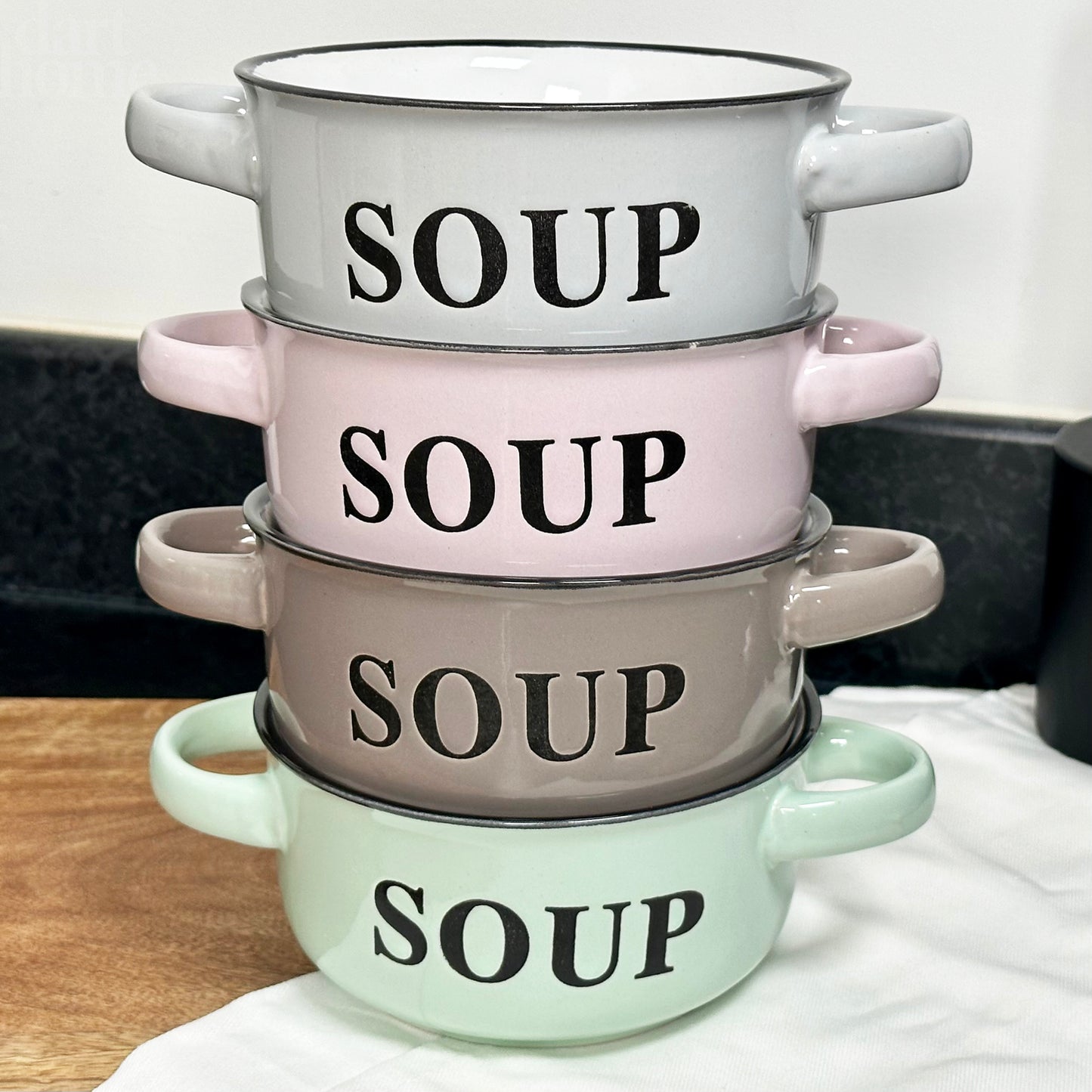 Set Of 4 Pastel Soup Bowls With Handles