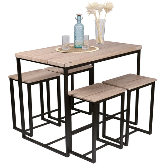 Wooden Top Breakfast Bar Table & 4x Tall Stools Kitchen Set