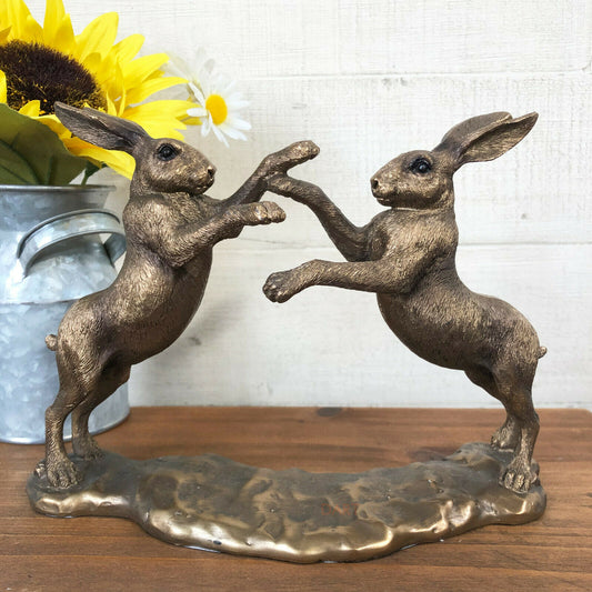 Bronze Resin Boxing Hares Sculpture 21cm