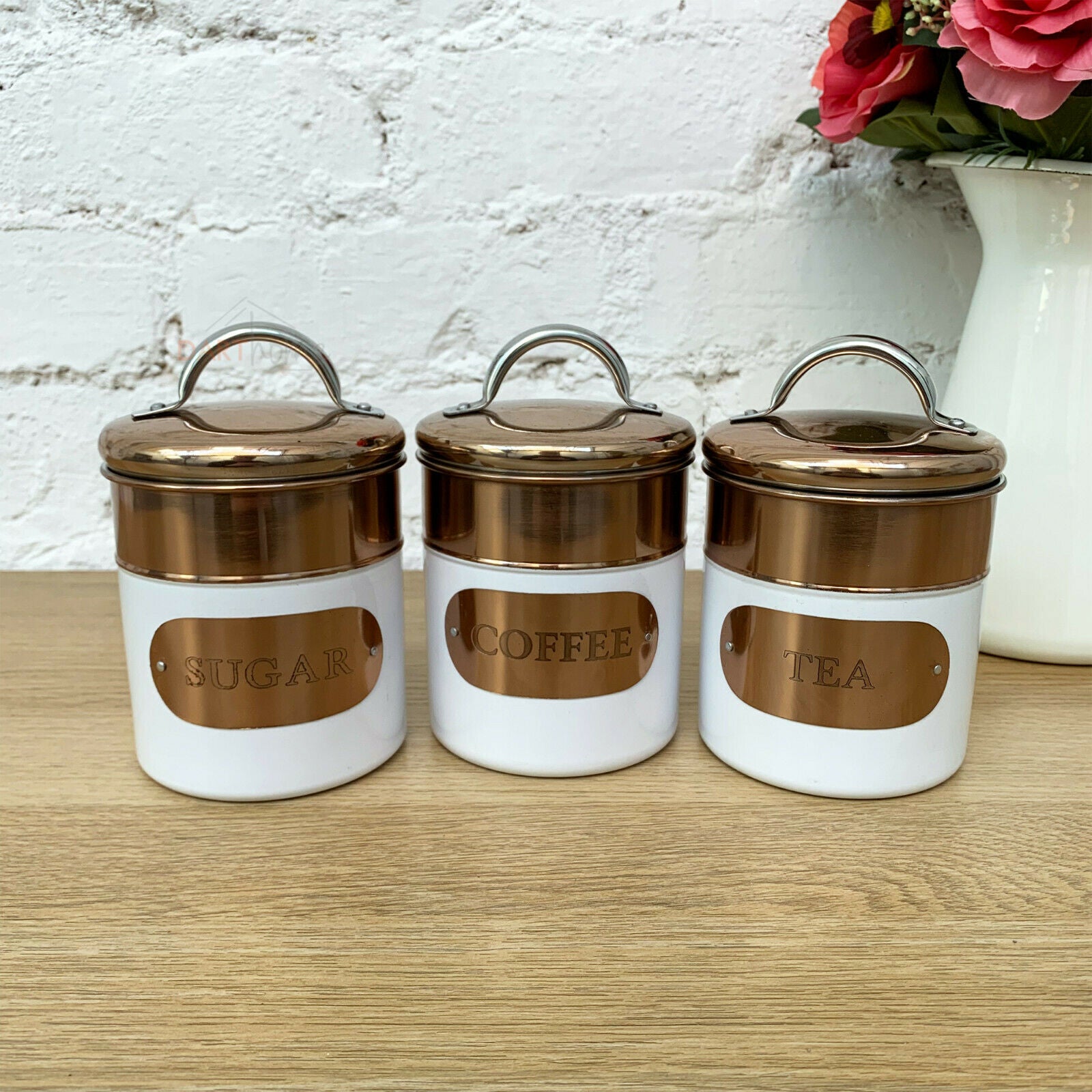 Copper & White Tea Coffee Sugar Storage Canisters