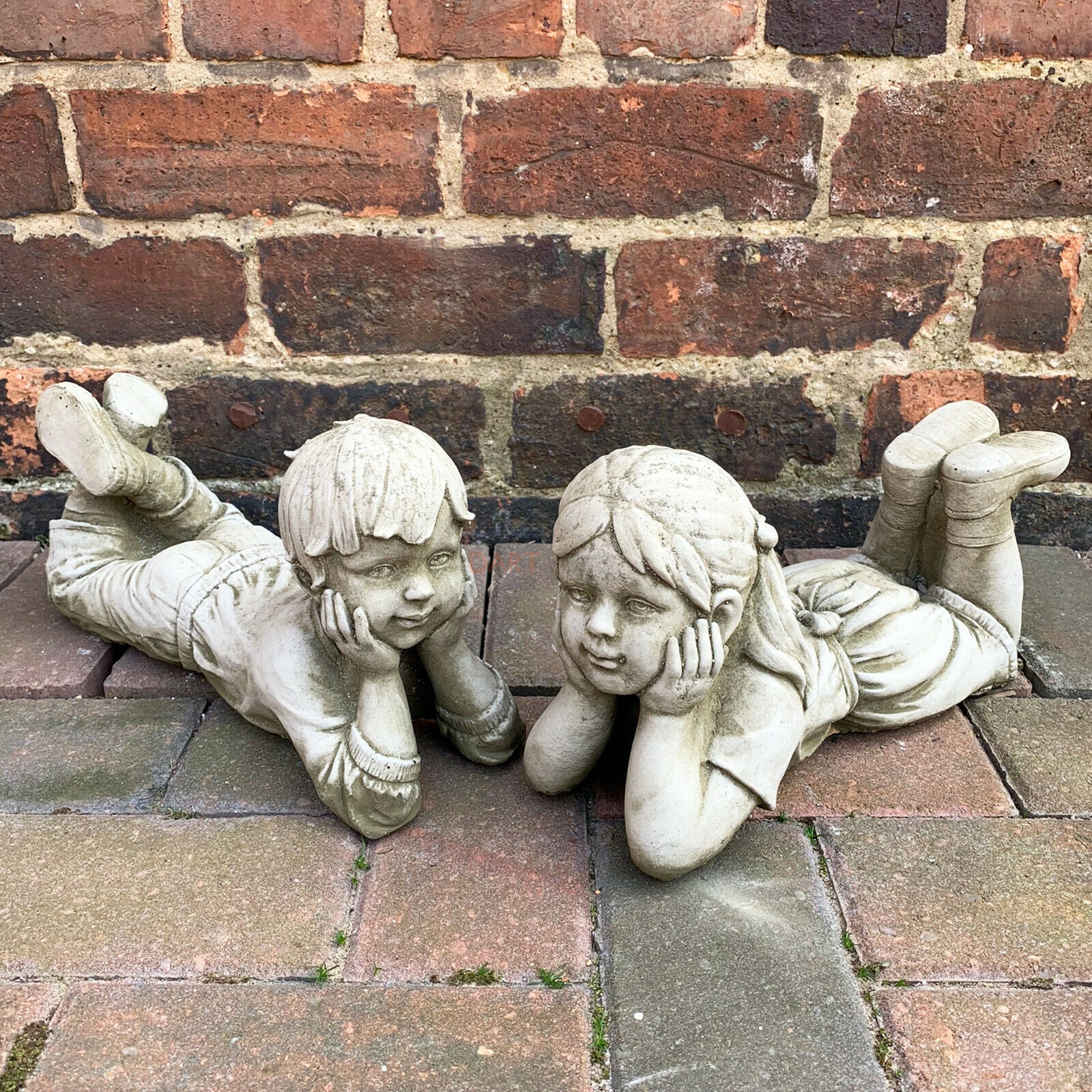 Stone Lying Daydream Boy & Girl Garden Sculptures 4.5kg