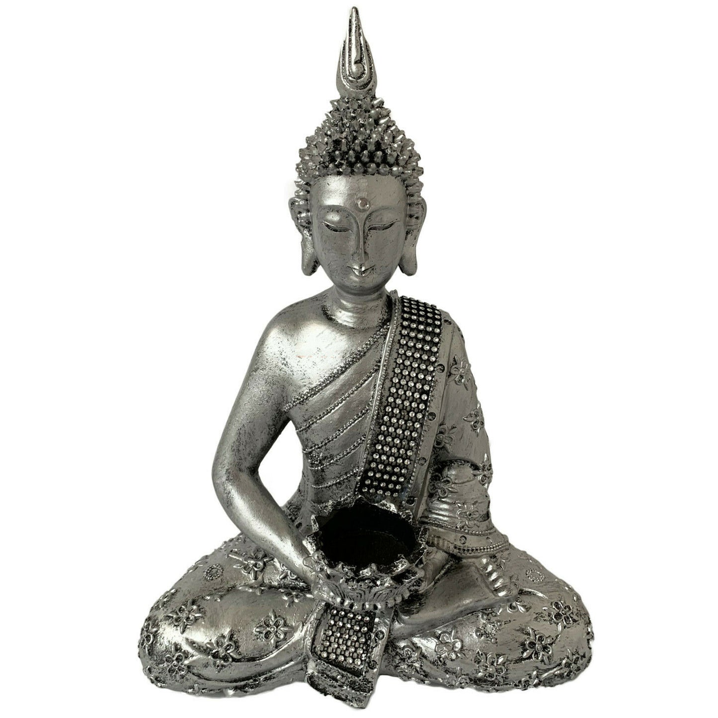 Silberner Buddha-Teelichthalter mit Juwelen