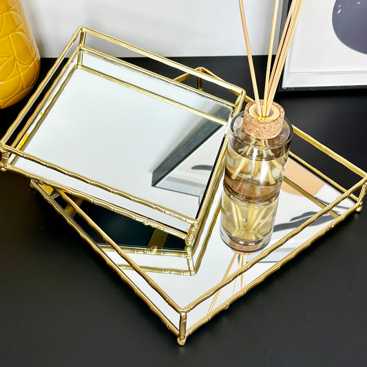 Set Of 2 Square Gold Mirrored Trays