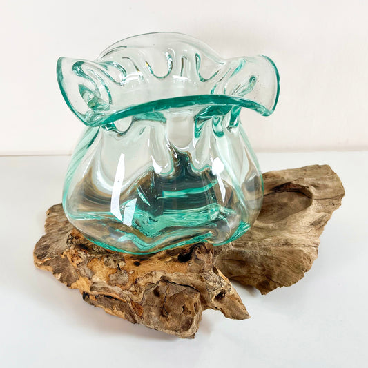 Molten Crinkle Glass Bowl On Teak Root Wood Stand