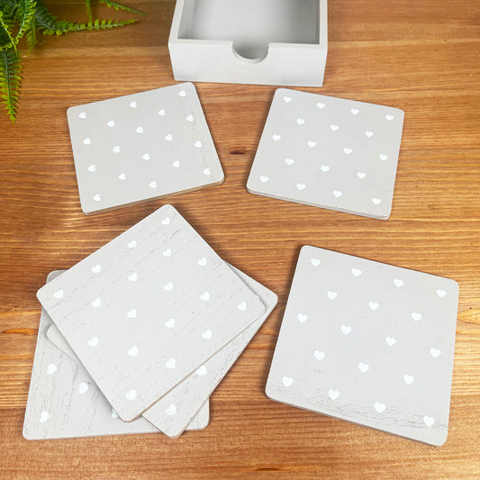 Set Of 6 Grey Love Heart Coasters With Storage Box