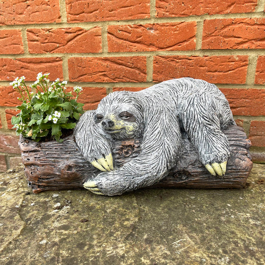 Cement Sloth On Tree Stump Garden Planter