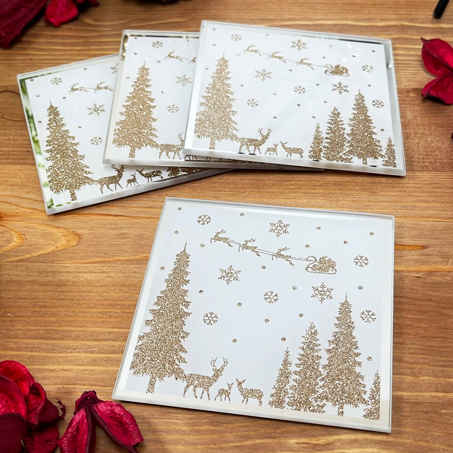 Gold Glitter Winter Wonderland Christmas Coasters Set