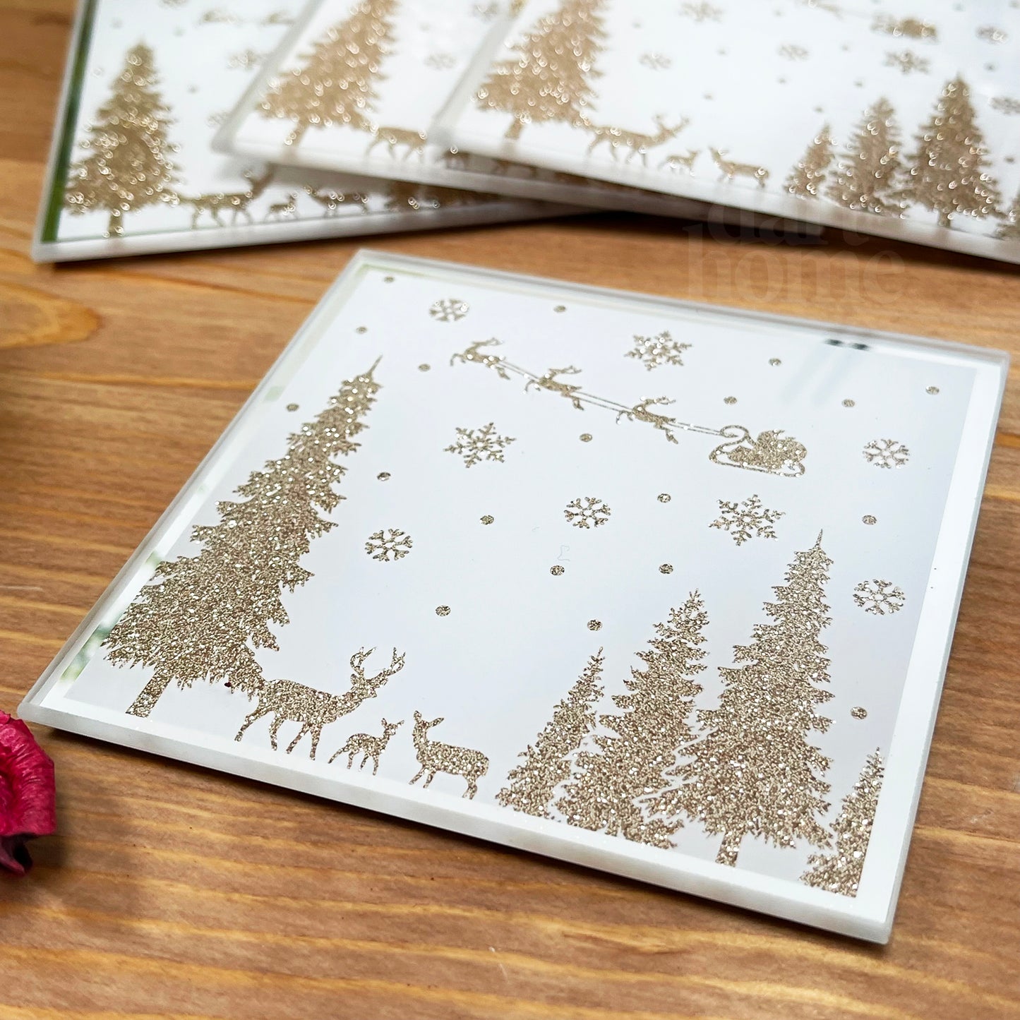 Gold Glitter Winter Wonderland Christmas Coasters Set