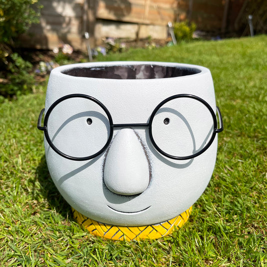 Cement Face Planter With Glasses , Drainage Hole