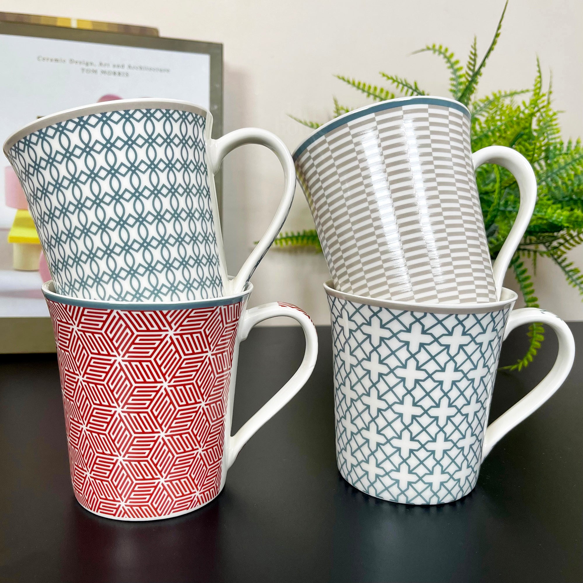 Bone China Set Of 4 Geometric Mugs 380ml