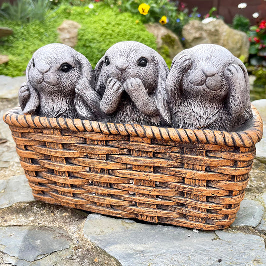 Cement Three Wise Rabbits In Basket Planter