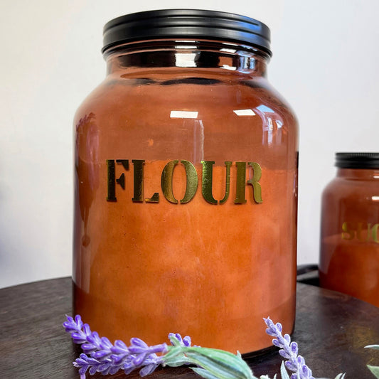 Amber Glass Flour Storage Jar With Black Lid