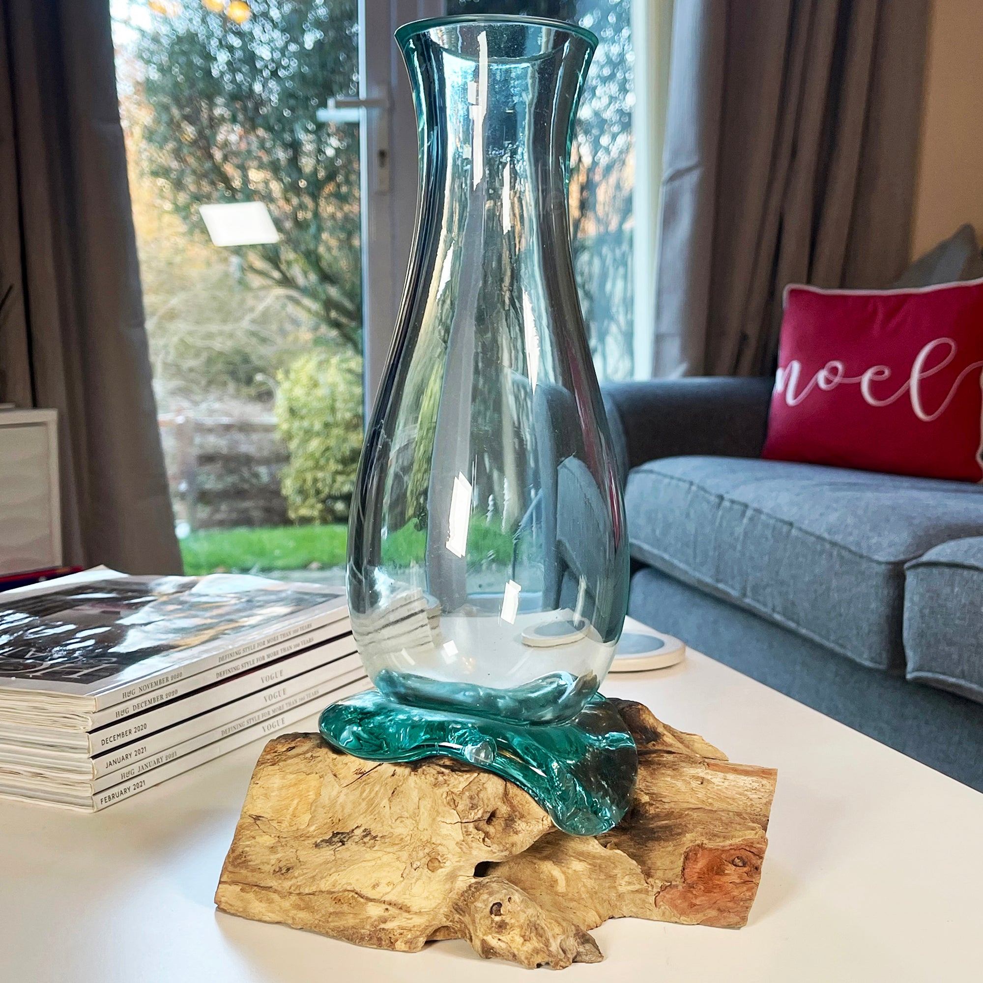 Darthome 33 cm große geschmolzene Glasvase auf Treibholzständer