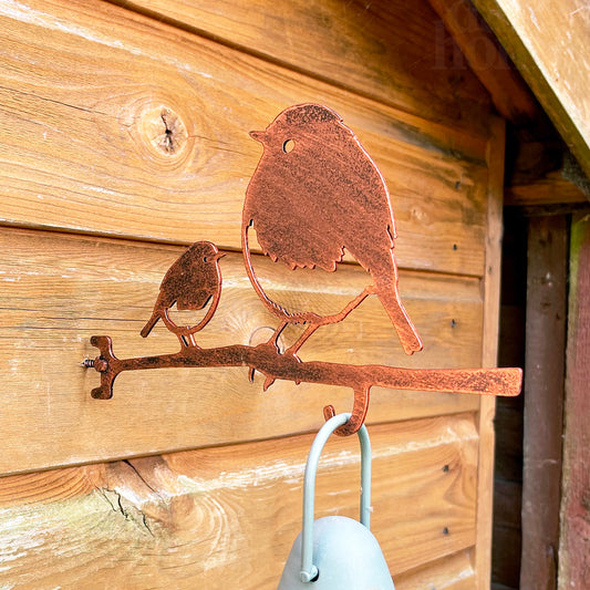 Robin & Baby Steel Bird Feeder Hanger - Copper Effect
