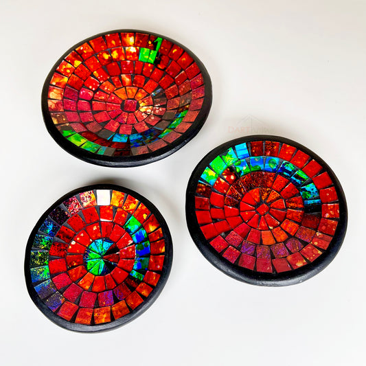 3x Handmade Red Round Glass Mosaic Decorative Bowl Set