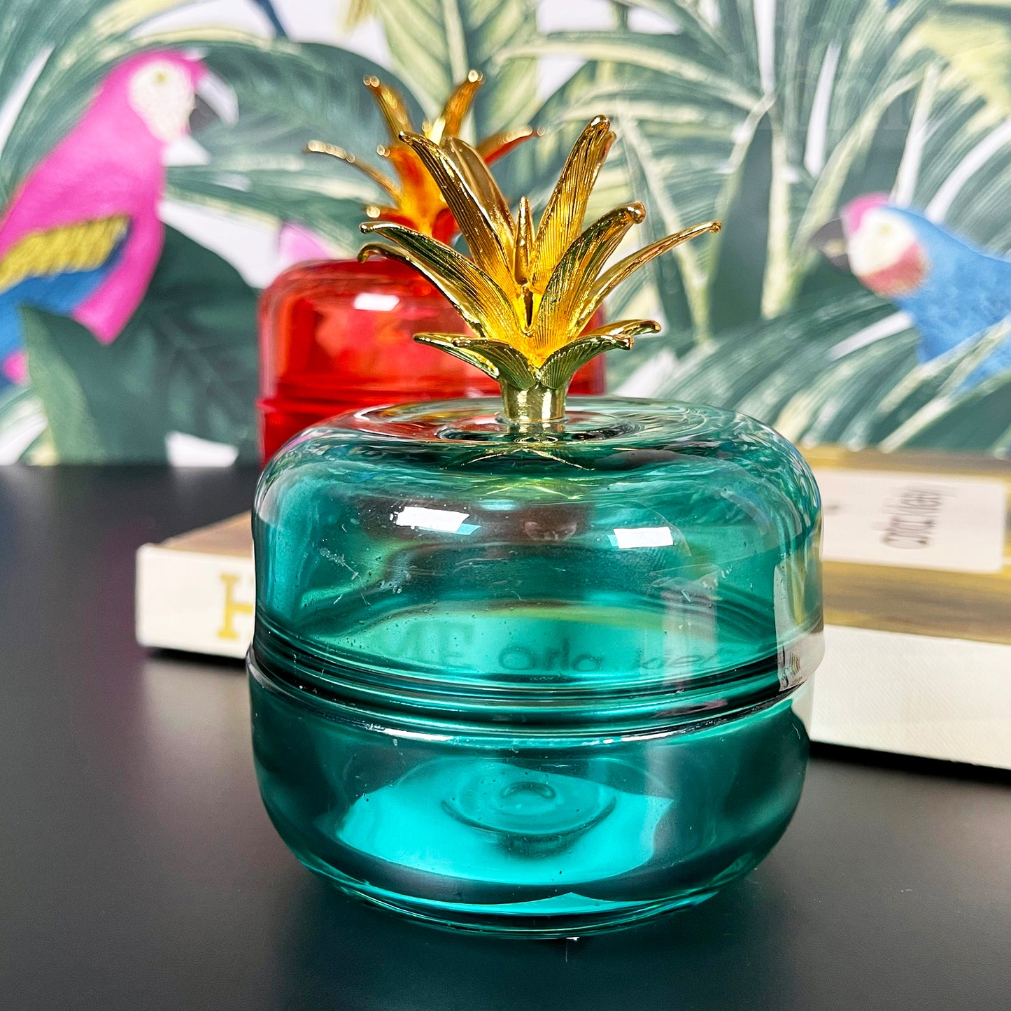 Blauer Ananas-Schmucktopf aus Glas