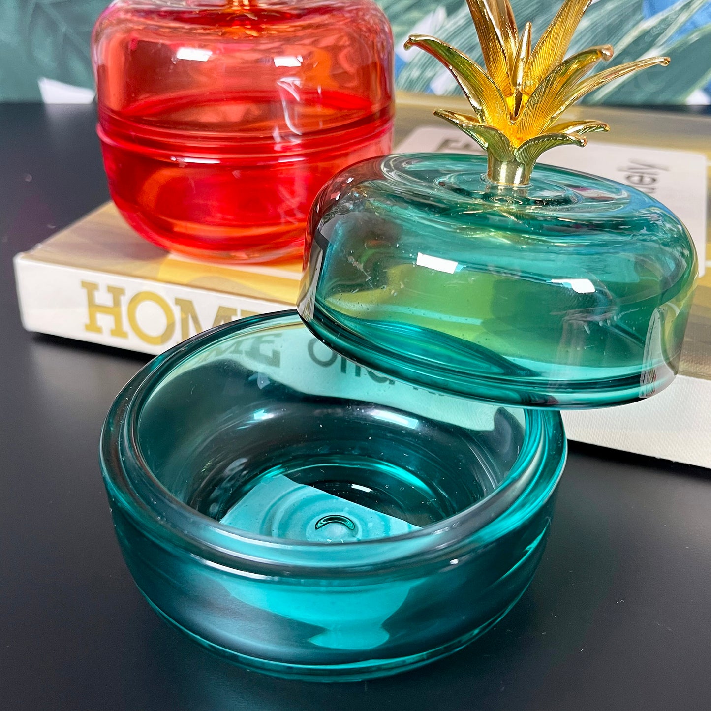 Blauer Ananas-Schmucktopf aus Glas