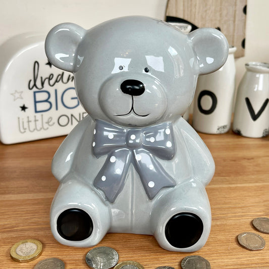 Ceramic Teddy Bear Moneybox - Light Grey