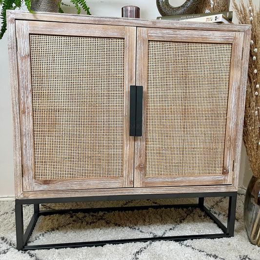 Vintage 70s Style Fir Wood Rattan 2 Door Sideboard Cabinet