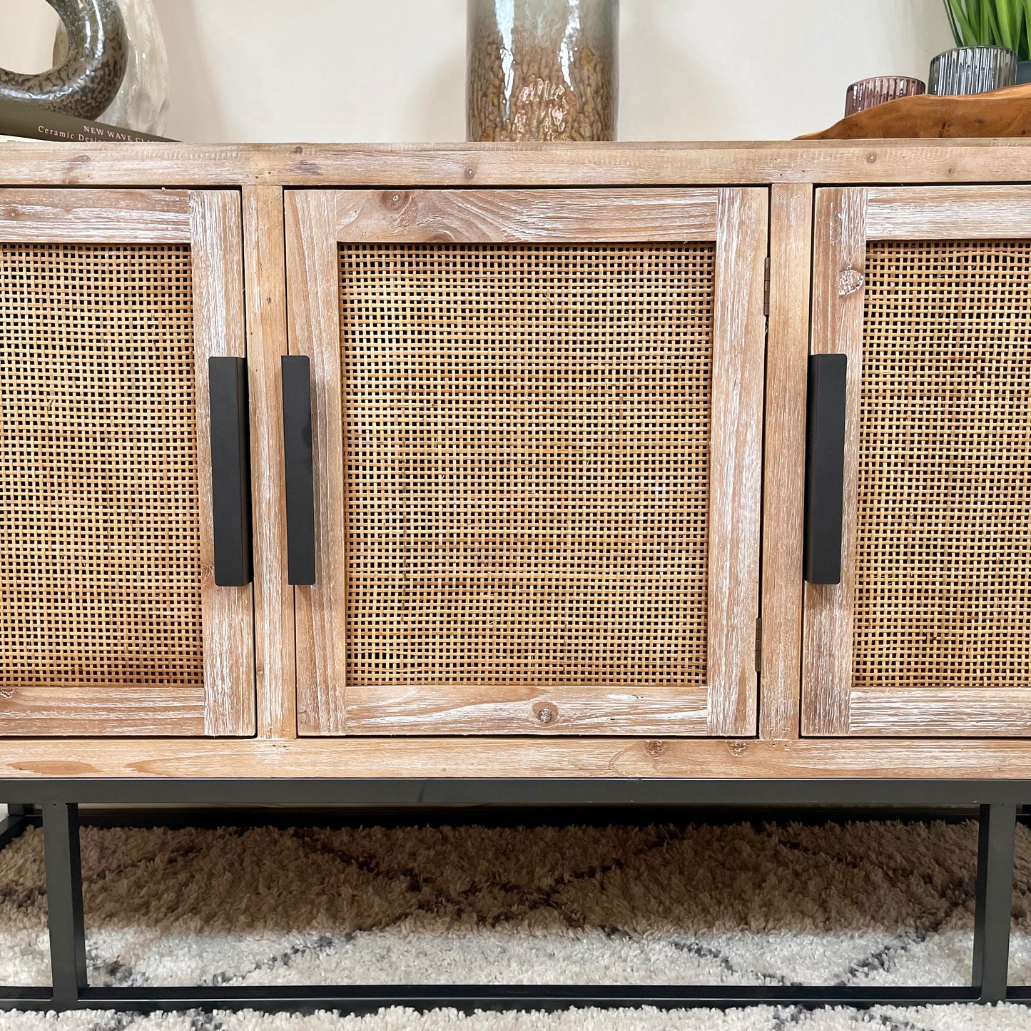 Vintage Wood Sideboard With Rattan Doors