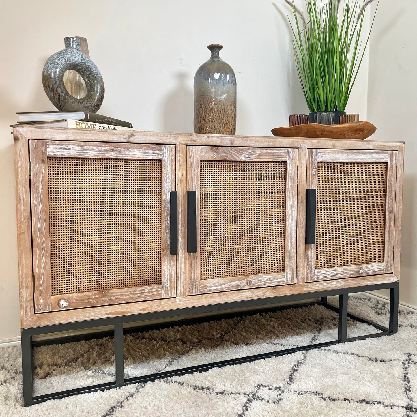 Vintage Wood Sideboard With Rattan Doors