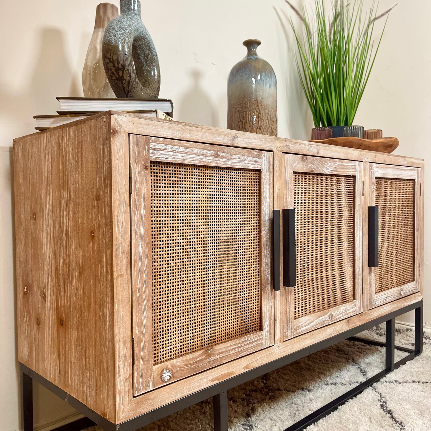 Vintage Wood Sideboard With Rattan Doors