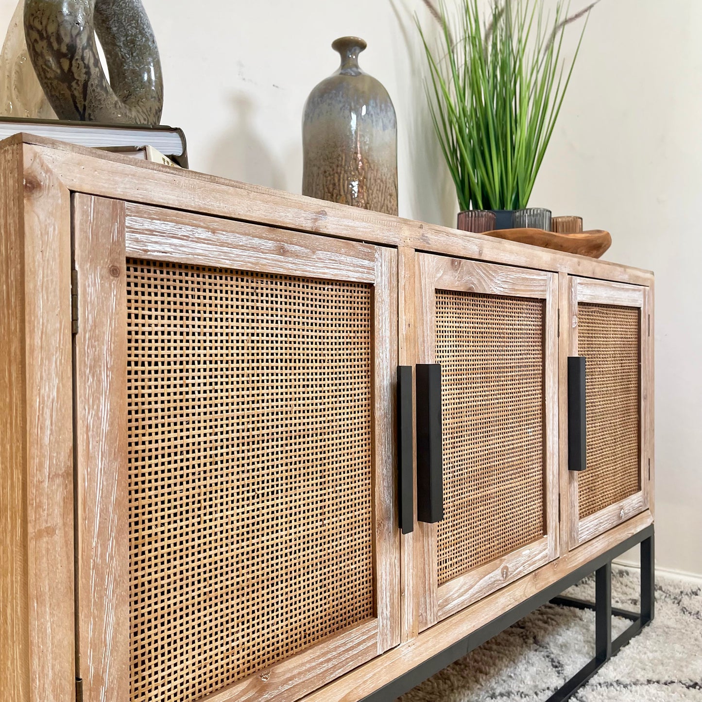 Vintage Wood Sideboard With Rattan Doors