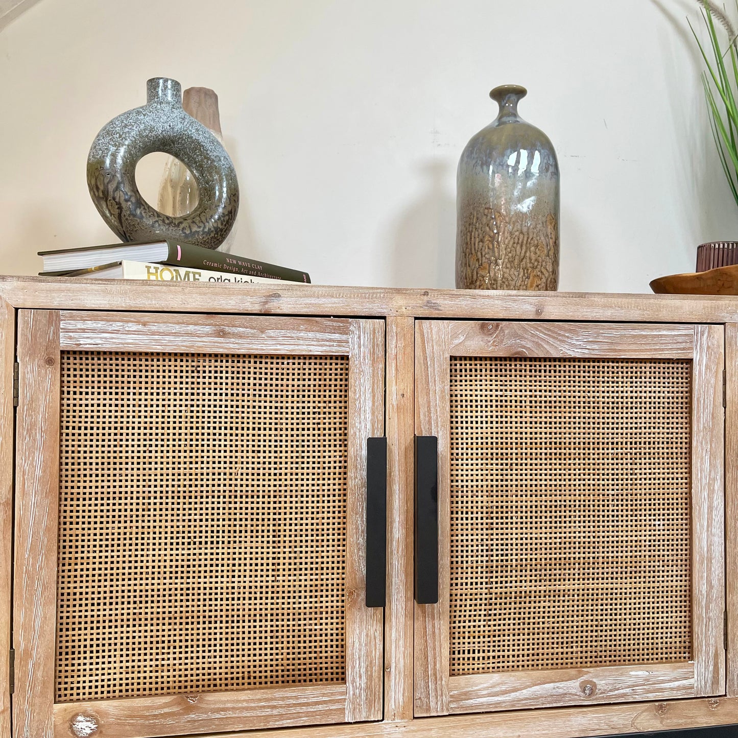Vintage Wood Sideboard With Rattan Doors