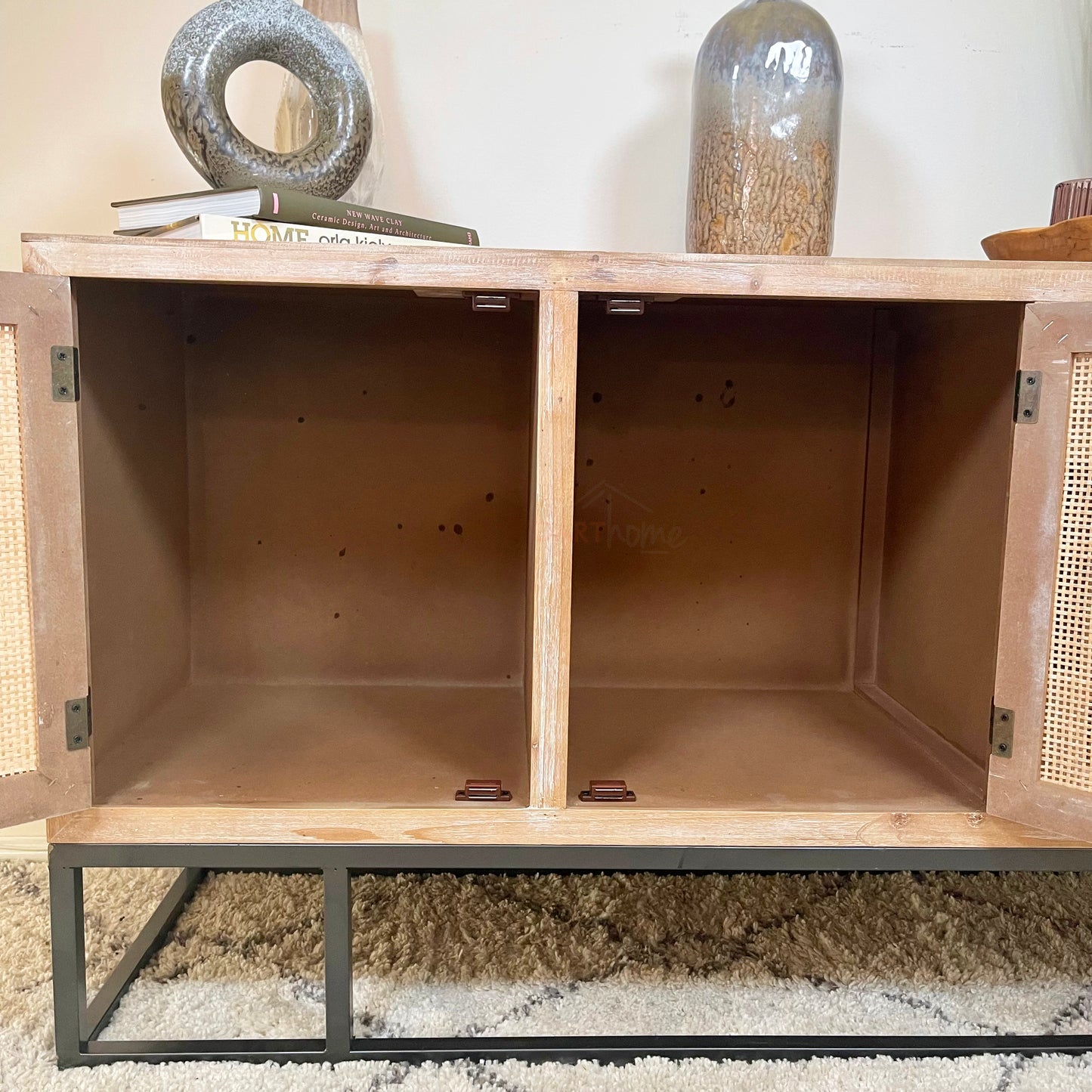 Vintage Wood Sideboard With Rattan Doors