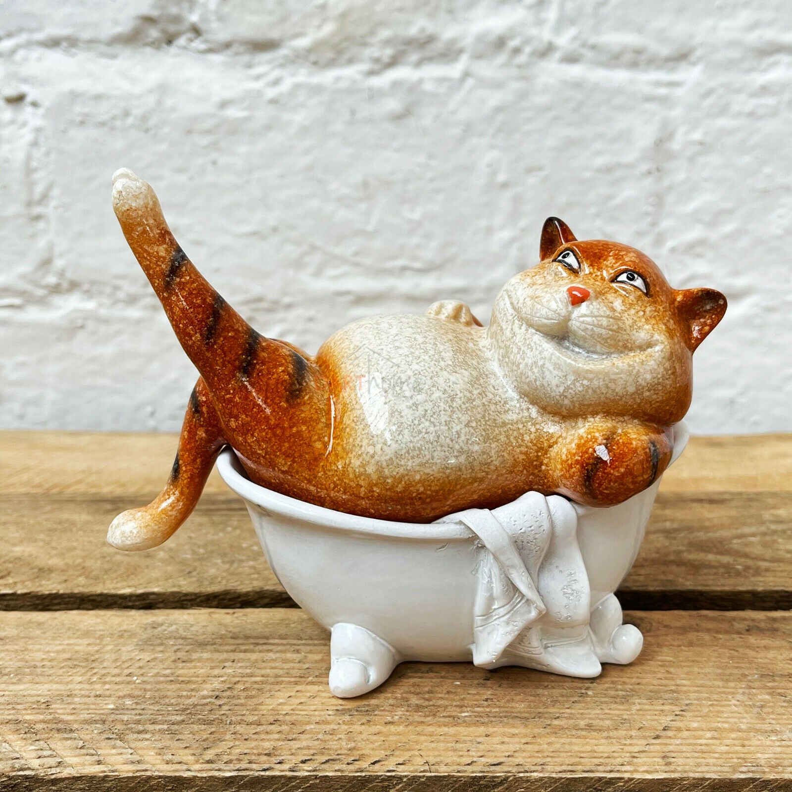 Ceramic Ginger Fat Cat Shelf Sitter Indoor Garden Ornament Sculpture  Figurine