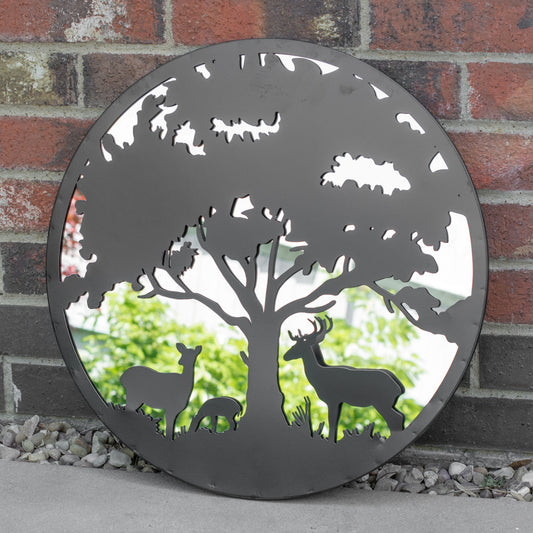 Black Metal Round Tree With Deer Mirror