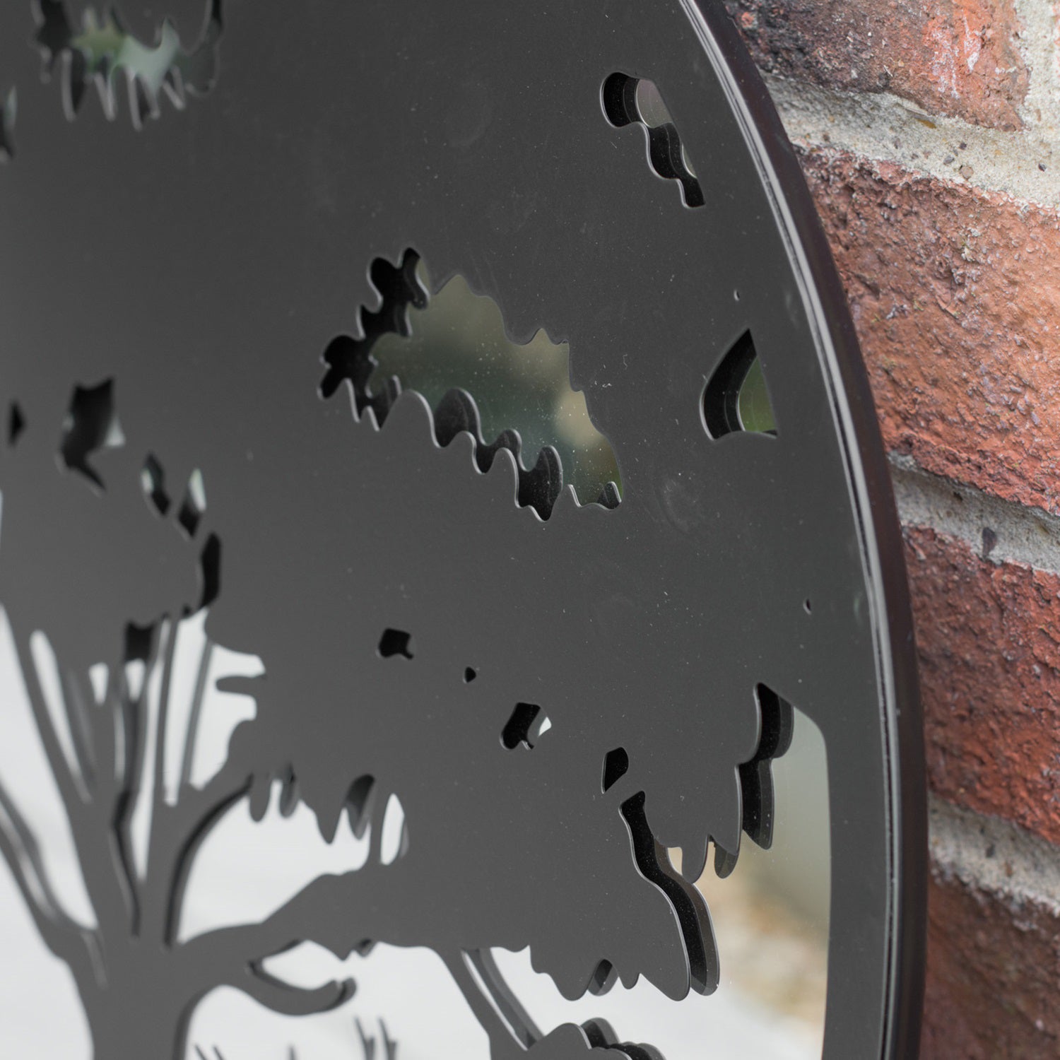 Black Metal Round Tree With Deer Mirror