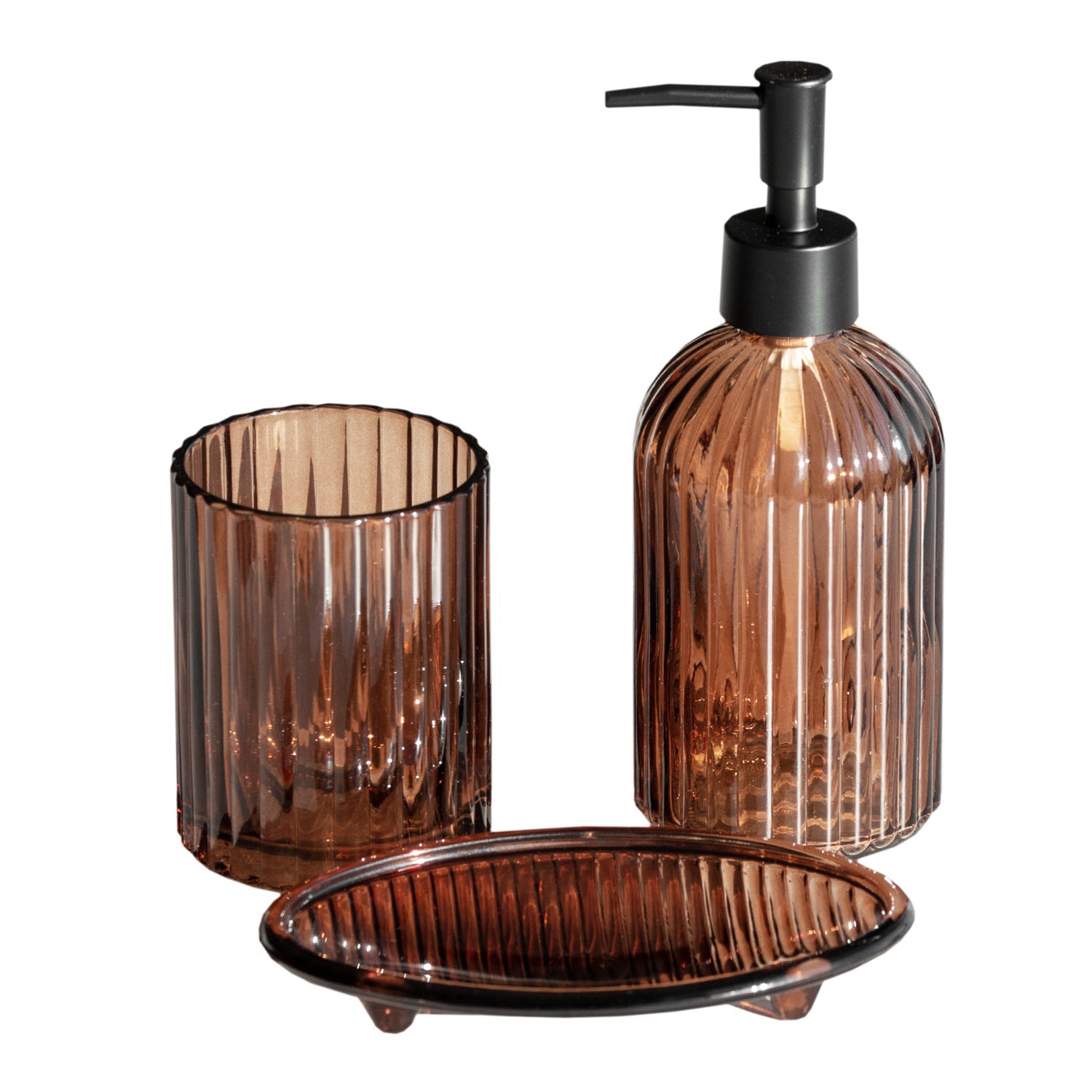 Amber Ribbed Glass Set Of 3 Bathroom Accessories