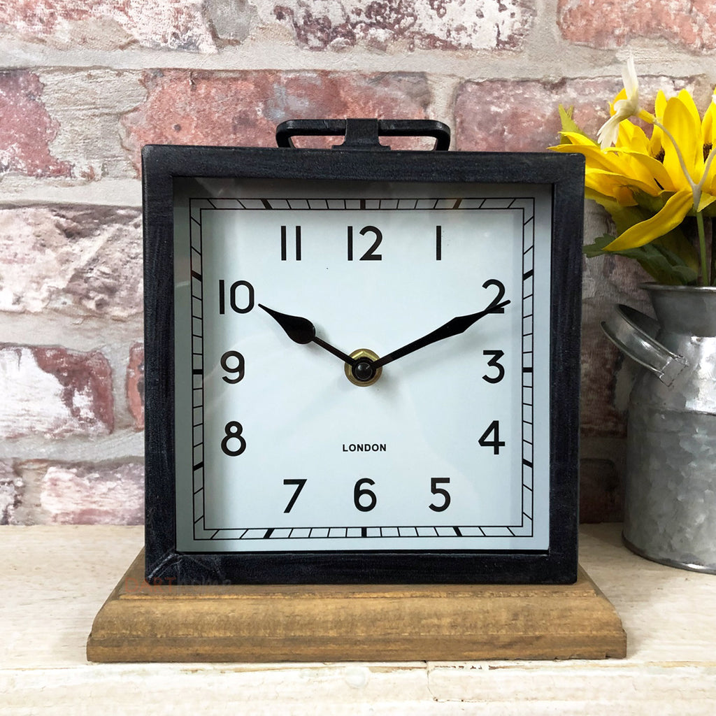 Metal Mantel Clock With Wood Base