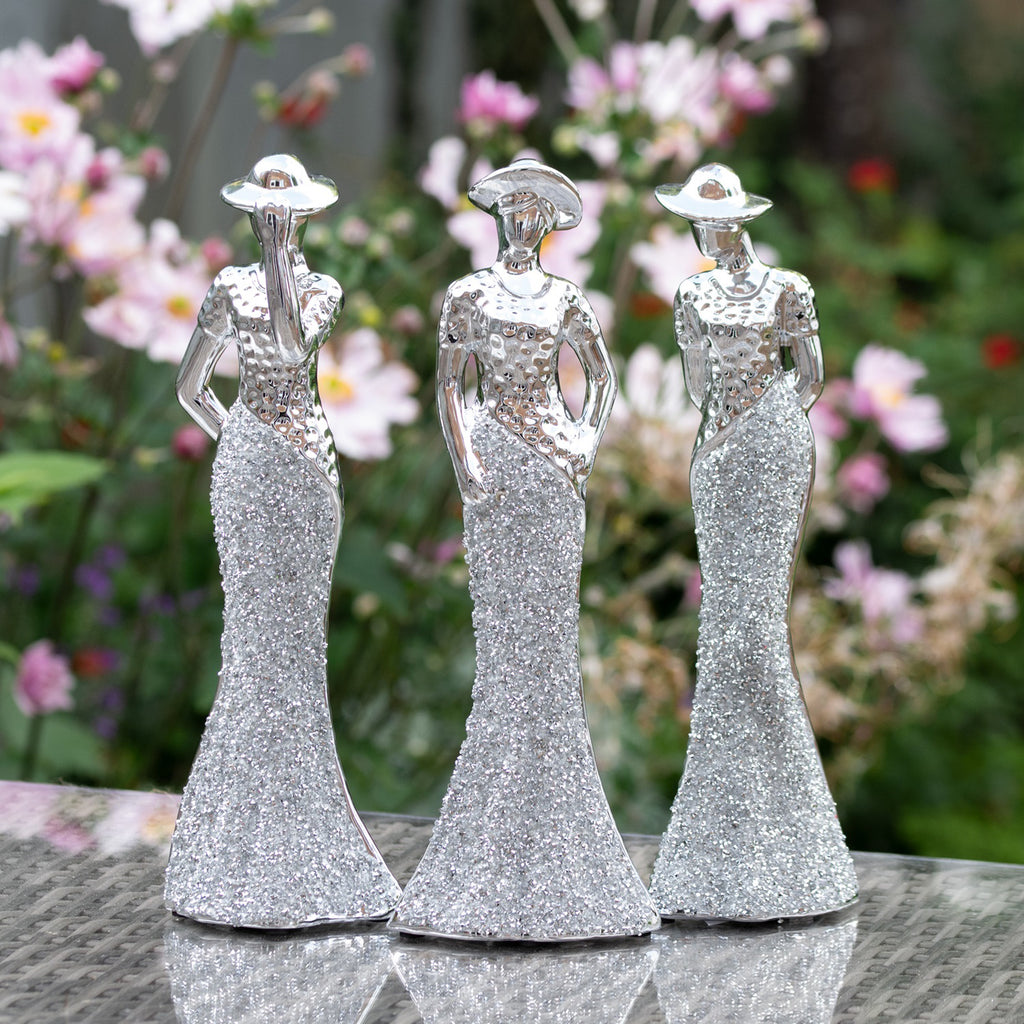 Set Of 3 Silver Sparkle Lady Ornaments
