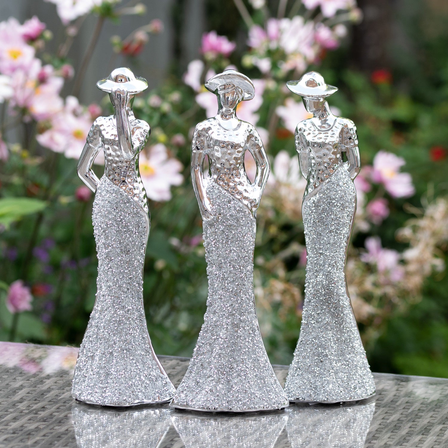 Set Of 3 Silver Sparkle Lady Ornaments