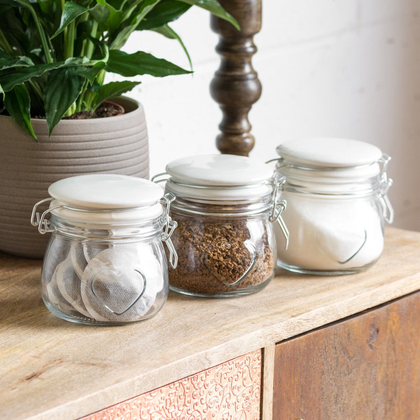 Set Of 3 Glass Embossed Heart White Lid Storage Jars