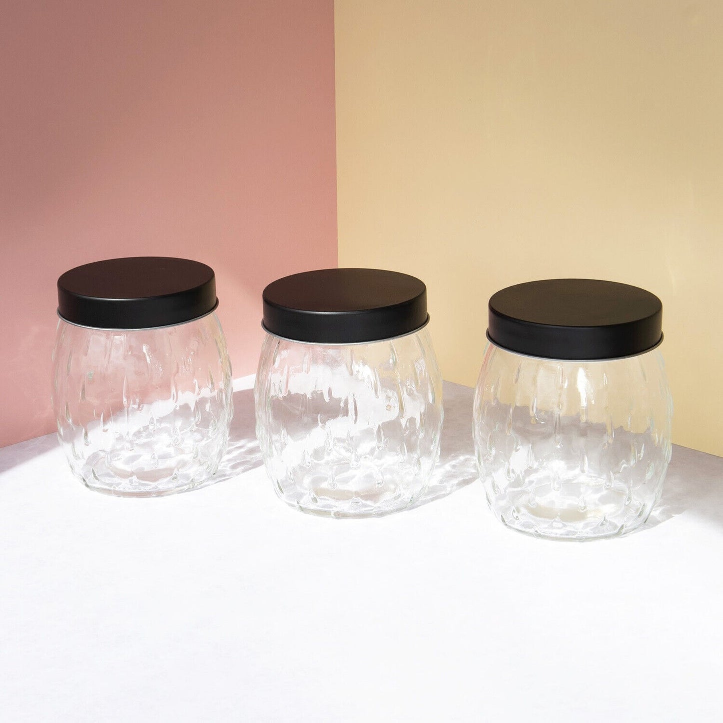 Set Of 3 Black Lid Glass Storage Jars