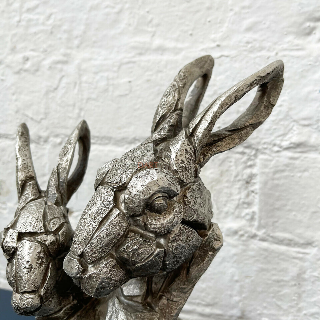 Silver Hare Pair Bust Sculpture