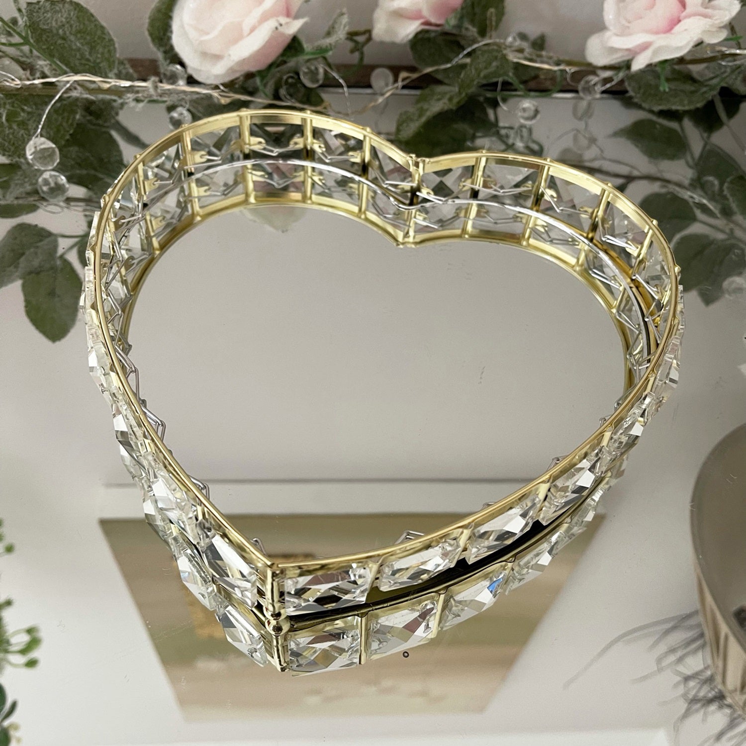 Goldener Love Heart Glaskristall-Kerzenteller, verspiegelt, 21 cm
